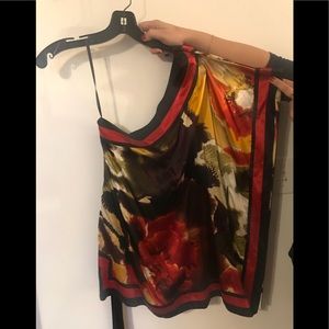 Red and yellow print BEBE top with tie